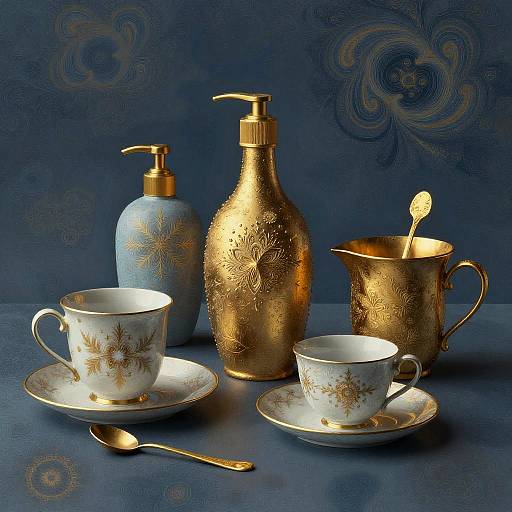 Photograph of elegant, gold-accented porcelain tea set with floral patterns, blue soap dispenser, and gold-patterned pitcher, against a blue,