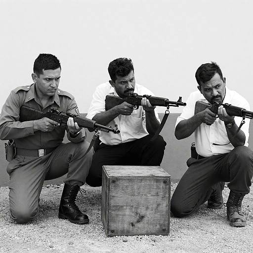 Three Men Aiming Rifles Black and White