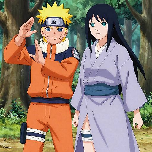 Digital anime drawing of Naruto (orange outfit, blonde hair) and Sakura (purple kimono, black hair) standing in a forest, Naruto saluting