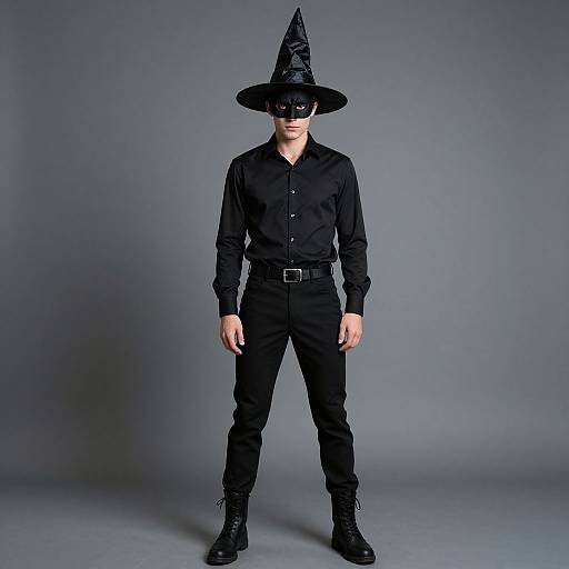 Photograph of a man in a black witch costume: long-sleeved shirt, black pants, belt, boots, pointed hat, and mask,