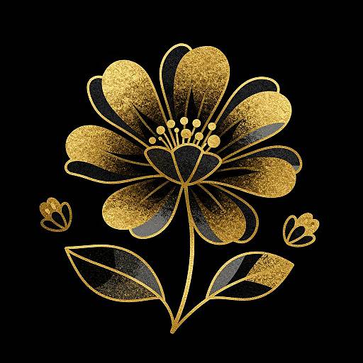 Golden, glittery floral illustration with stylized petals, stamens, and leaves against a solid black background. Digital art.