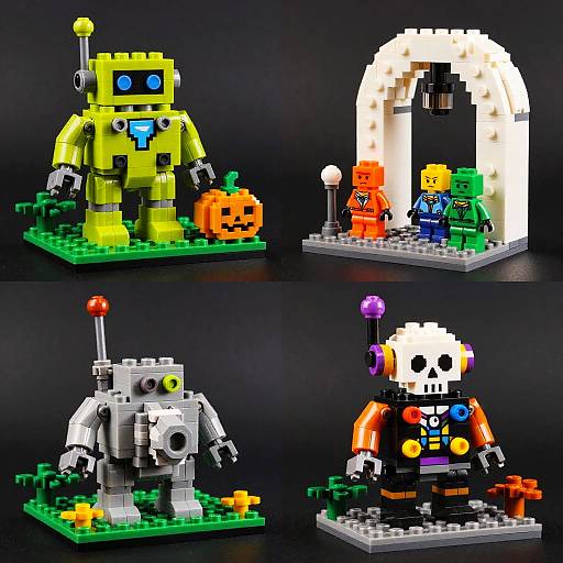 Photograph of four pixelated LEGO robots in Halloween costumes: yellow robot with pumpkin, white arch with orange and green characters, silver robot with orange pumpkin