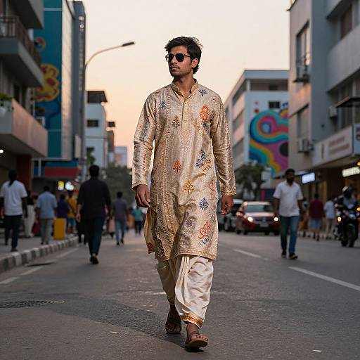 Photograph of a man in a gold, floral embroidered traditional Pakistani kurtah and white shalwar walking confidently down a busy urban street at sunset