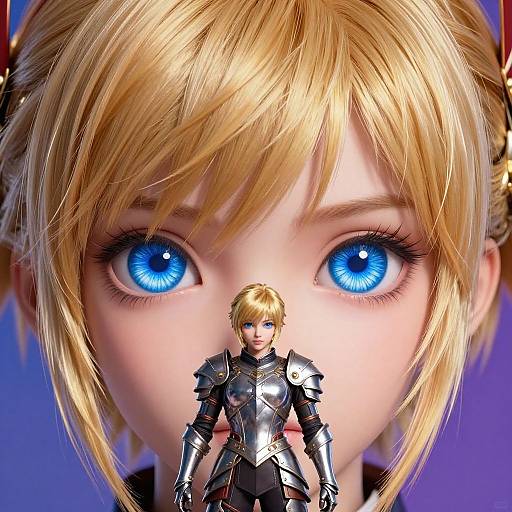 CGI image of a blonde anime girl with large blue eyes, holding a miniature armored blonde man in front of her face.