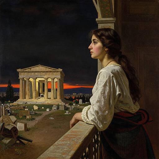 Digital painting of a young woman with long dark hair, in a white blouse, gazing at a lit ancient Greek temple at dusk.