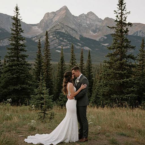 Photograph of a bride in a white lace gown and groom in a gray suit kissing in a mountainous forest clearing.