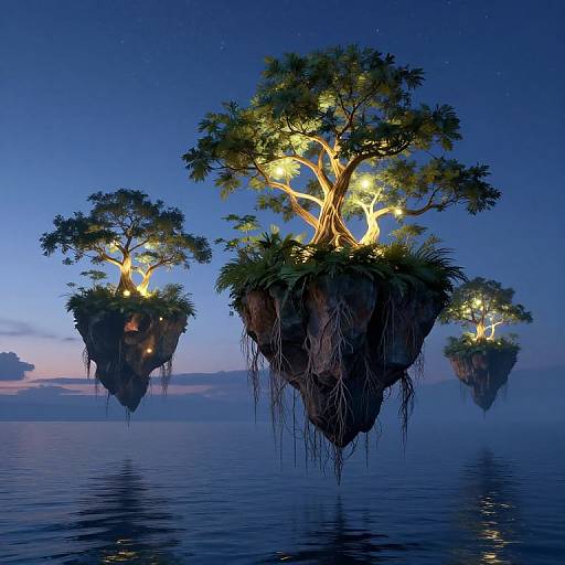 Digital artwork of floating, glowing, tree-covered islands with roots dangling over calm, reflective blue ocean at twilight. Stars dot the clear sky.