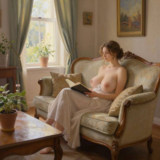 Photograph of a topless, large-breasted woman with wavy brown hair, reading a book on a vintage green sofa in a sunlit,