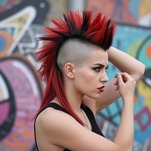 Photograph of a punk-style woman with red and black mohawk, shaved side, black tank top, and colorful graffiti background.