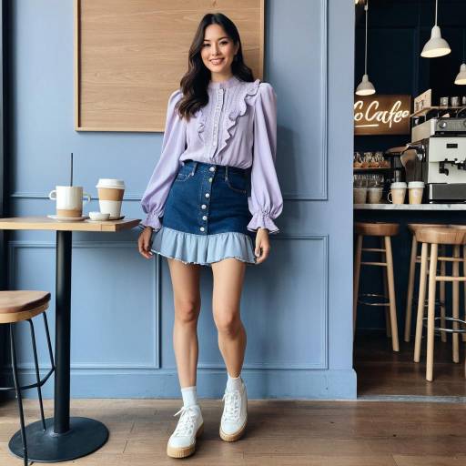 Woman in Lavender Ruffled Blouse and Denim Skirt in Café