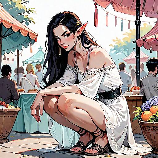 Elf Woman Squatting at Outdoor Market