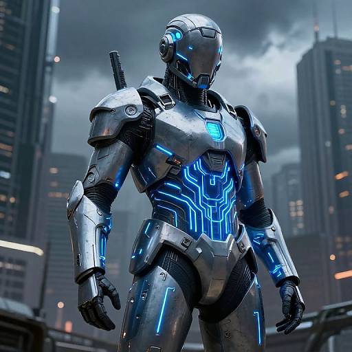 Photorealistic CGI of a futuristic, silver and blue armored humanoid robot with glowing blue patterns, standing in a dark, cloudy, urban cityscape with