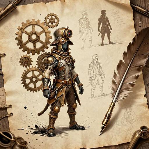 Digital artwork of a steampunk armored figure with gears, standing on parchment, next to sketches and a quill pen.