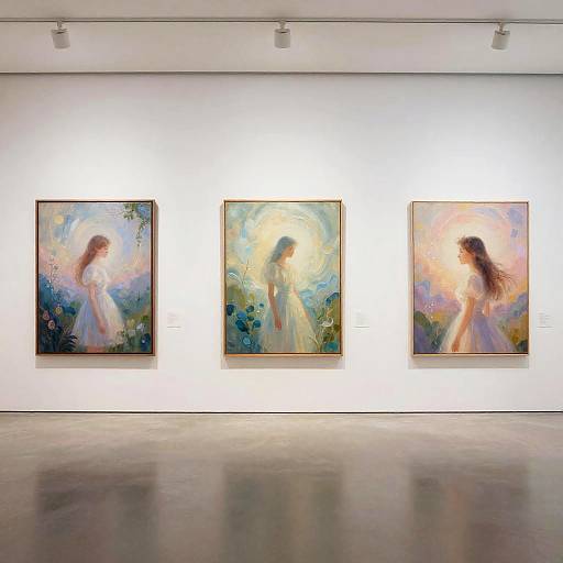 Photograph of a gallery wall displaying three impressionist paintings of ethereal women in flowing dresses, with soft, pastel colors and blurred backgrounds, under
