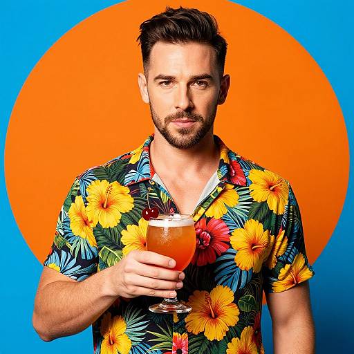 Photograph of a handsome, bearded man with short brown hair, wearing a colorful floral shirt, holding a cocktail, against a blue background with a