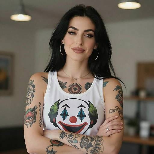 Tattooed Woman in White Clown Tank
