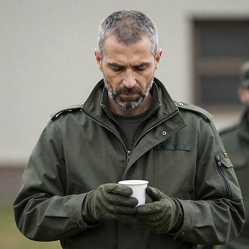 Middle-Aged Soldier Holding Cup