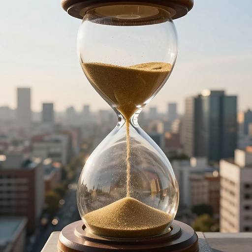 Photograph of an hourglass with golden sand against a cityscape background, sunlight highlighting the sand's flow, blurred buildings in the distance.