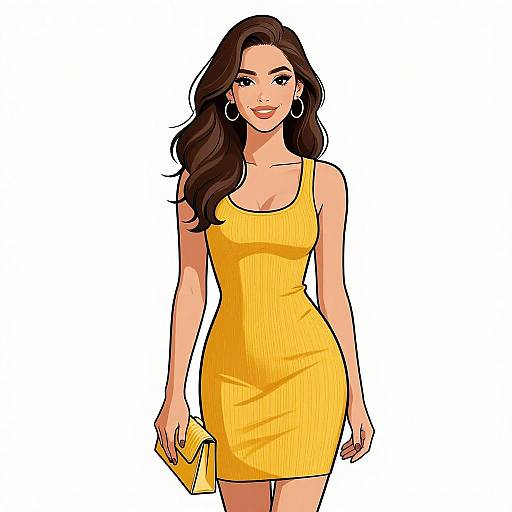 Digital illustration of a confident woman with long brown hair, wearing a form-fitting yellow dress, holding a yellow clutch, and large hoop earrings, set
