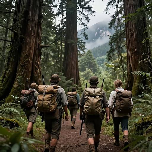 Photograph of four soldiers with backpacks and rifles walking down a forest trail, surrounded by towering redwoods and misty mountains.