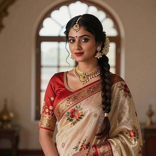 Indian Woman in Traditional Saree and Gold Jewelry