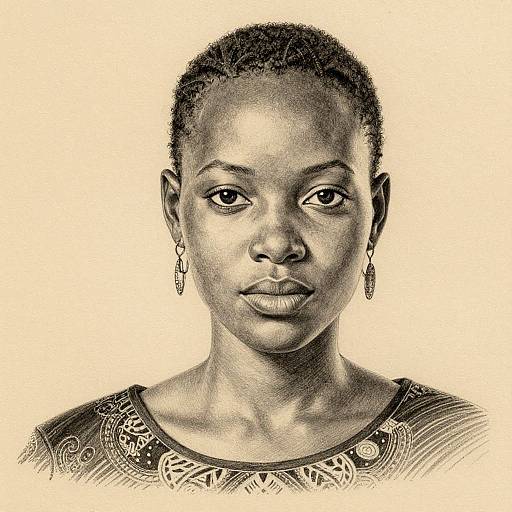Sepia-toned, detailed pencil drawing of a young African woman with short, curly hair, wearing patterned top and dangling earrings, gazing directly