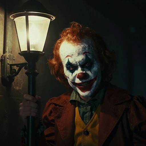 Photograph of a creepy clown with white face paint, red hair, and black nose, holding a glowing lantern in a dark, eerie setting.