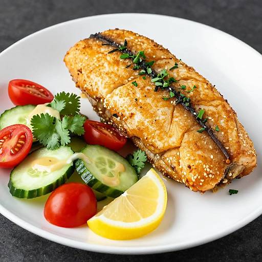 Photograph of a golden-brown, herb-garnished, pan-seared fish fillet with lemon wedge, cucumber slices, cherry tomatoes, and