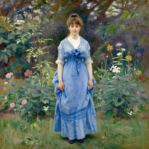 Digital painting of a fair-skinned woman in a blue Victorian dress, standing in a vibrant, floral garden with lush greenery.