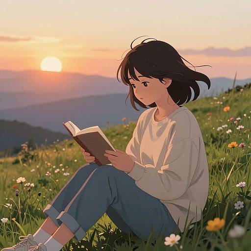 Anime Girl Reading at Sunset Hilltop