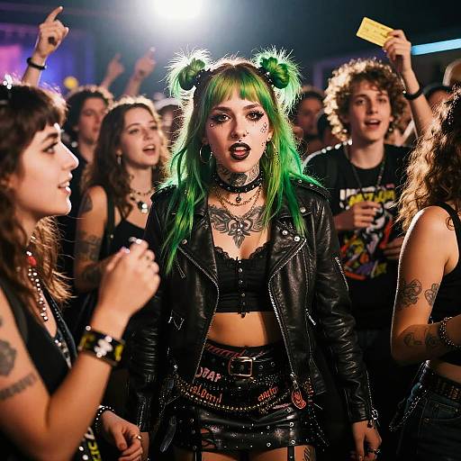 Photograph of a punk concert: Green-haired woman with black leather jacket, tattooed chest, and double buns stands center, surrounded by tattooed