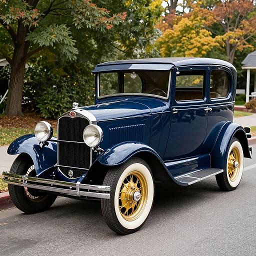 Photograph of a shiny, navy blue vintage sedan with gold wheels parked on a suburban street, surrounded by autumn trees.
