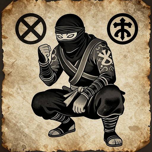 Digital drawing of a ninja in black attire, mask, and tabi shoes, squatting with fists raised, against a textured beige background with 