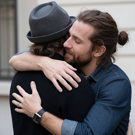 Photograph of a bearded man with long hair in a bun, wearing a black denim shirt, hugging a person in a black outfit and gray
