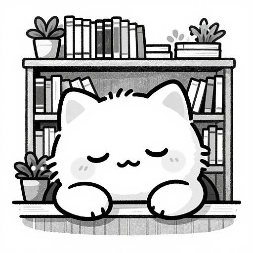 Black-and-white digital drawing of a cute, chubby cat with closed eyes, sitting in front of a bookshelf filled with books and potted plants.
