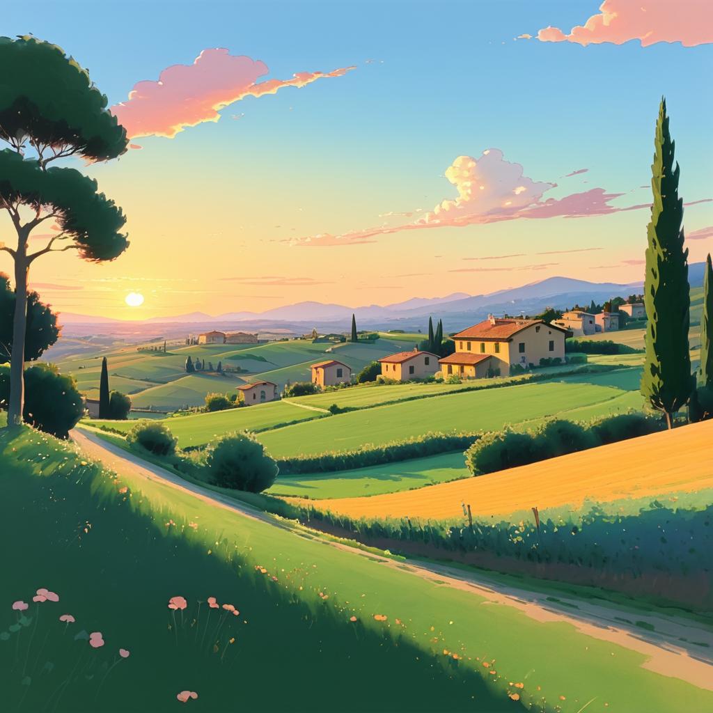 Whimsical Italian Countryside at Sunset