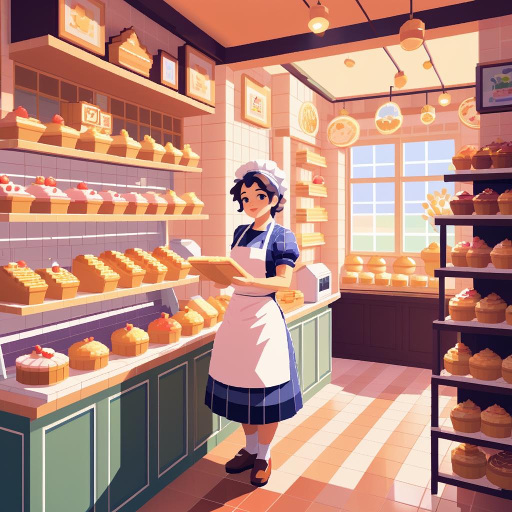 Cheerful Baker in Pixelated Bakery Scene