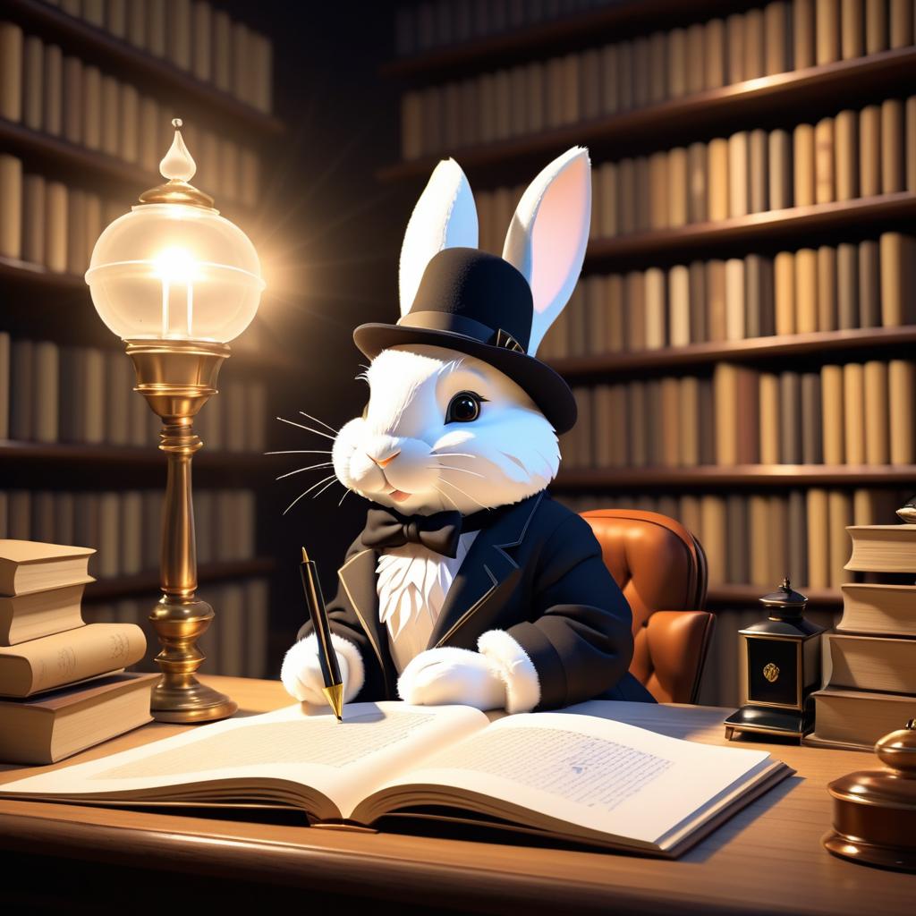 Whimsical Writer Rabbit at Vintage Desk