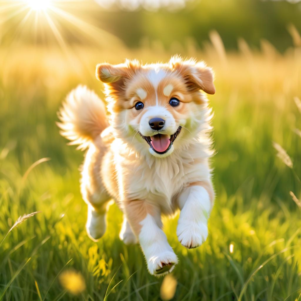 Charming Puppy Playing in Sunlit Meadow