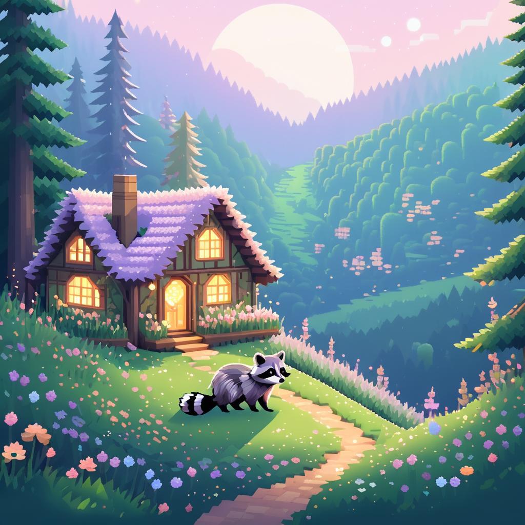 Dreamy Raccoon in Cottagecore Landscape