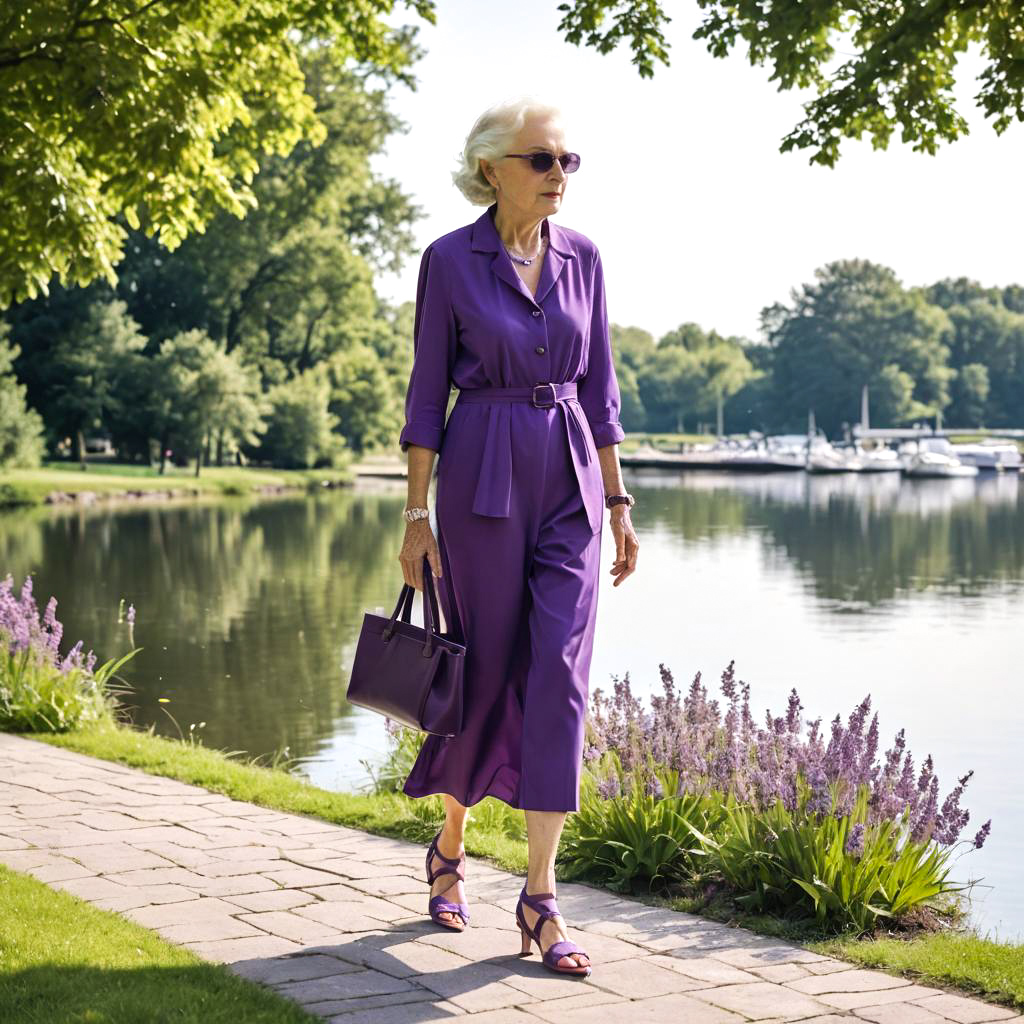 Elegant Lady Strolling by the Serene Lake