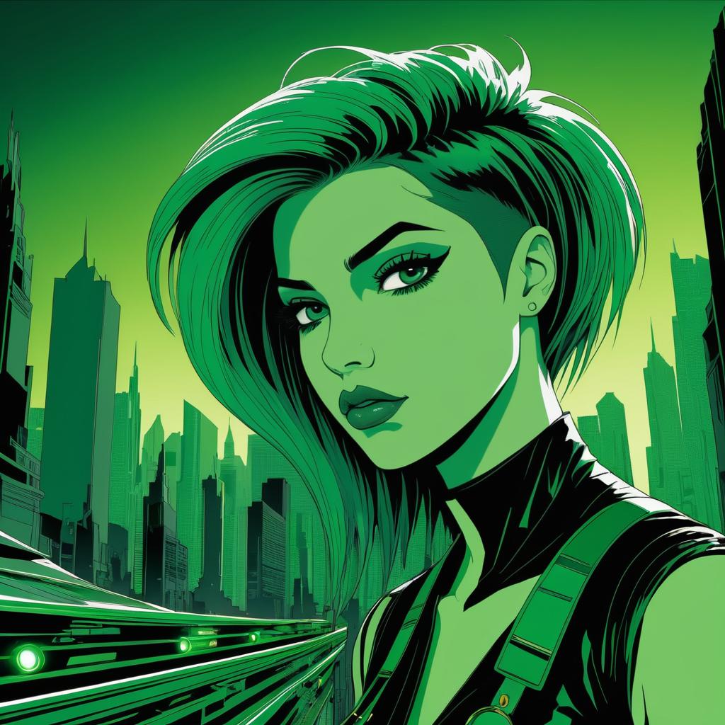 Futuristic City with Green-Haired Character