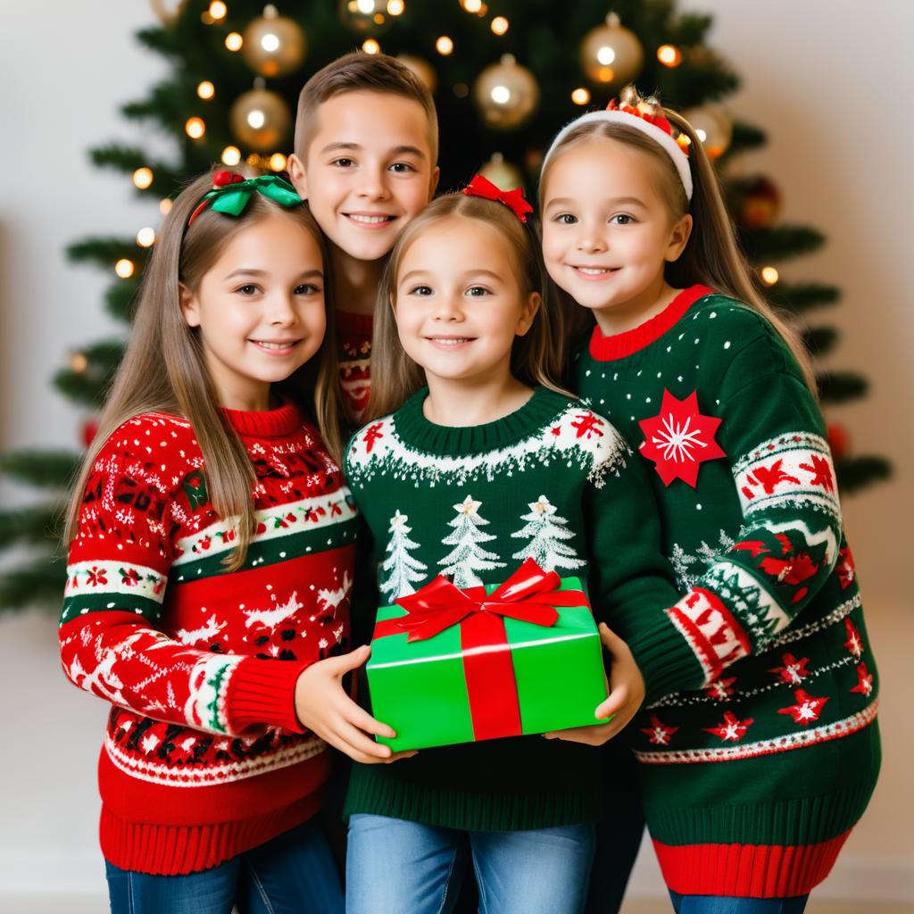 Cousins in Holiday Sweaters Embracing