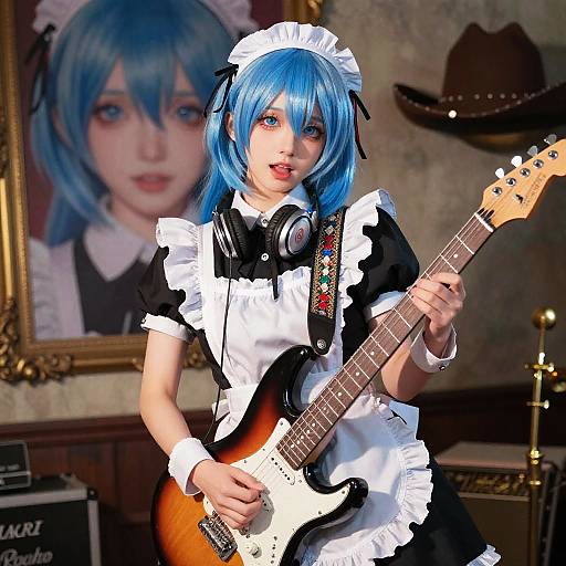 Digital artwork of a blue-haired anime girl in a black and white maid outfit, playing an electric guitar with headphones, in a vintage room with a portrait