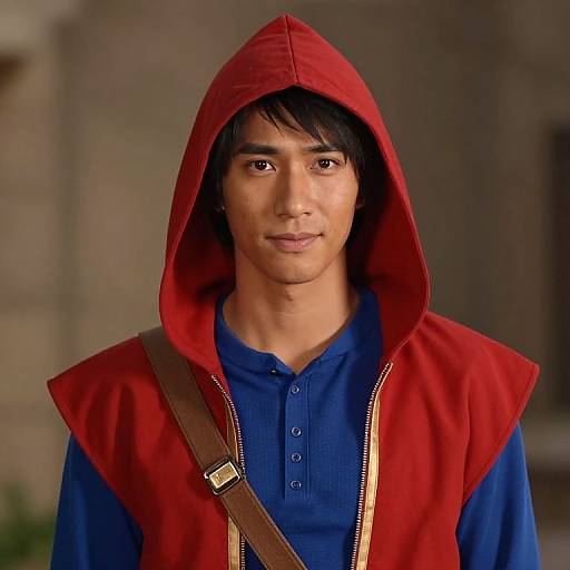 Photograph of a young Asian man with medium skin tone, black hair, wearing a red hooded vest over a blue shirt, and brown strap,