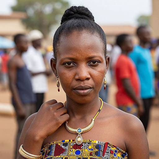 Photograph of a dark-skinned African woman with a high bun, wearing colorful beaded necklace and strapless patterned top, standing outdoors with blurred
