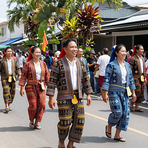 Photograph of four smiling Asian women in colorful, patterned traditional Baju Kurung walking in a lively street parade, palm trees and buildings in the