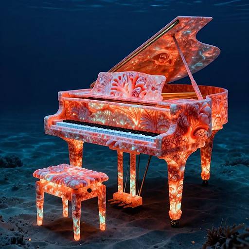 Glowing, neon-red, coral-patterned grand piano and bench illuminated against a dark blue background, creating a surreal, underwater-like effect.