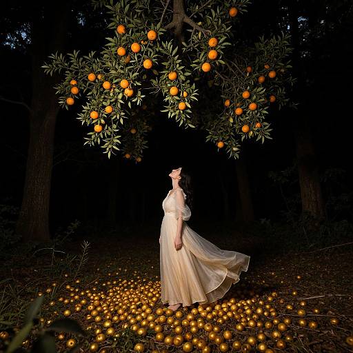 Photograph of a woman in a flowing white dress standing under an orange tree, surrounded by glowing orange lights in a dark forest.