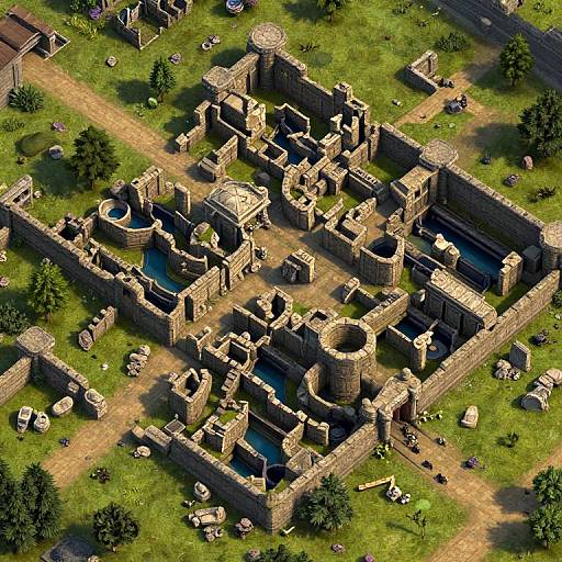 Aerial photograph of a sunlit, ancient stone ruin with circular towers, rectangular walls, and a central blue pool, surrounded by green grass and scattered